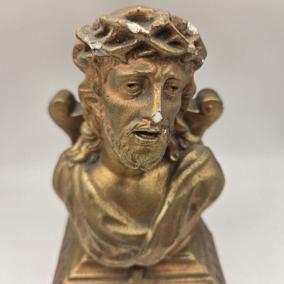 Religious Chalkware Statue, Child Holding Crown of Thorns  Vintage Gold Chalkware Bust Jesus Crown of Thorns Religious Christian France